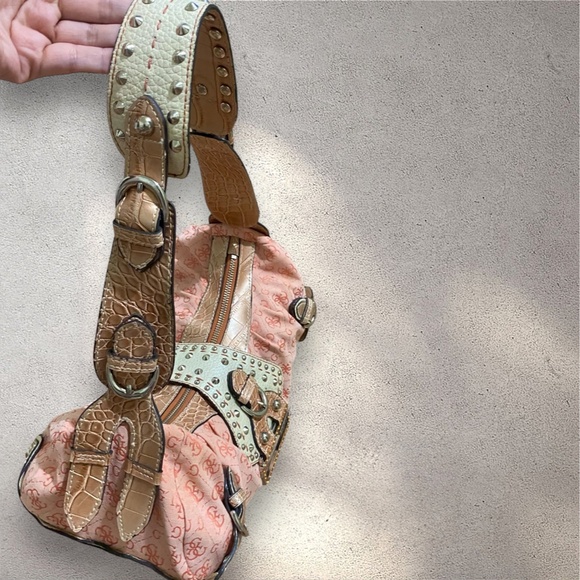 RARE Vintage Y2K Guess Orange Monogram Studded Hobo Shoulder Bag - Picture 5 of 10